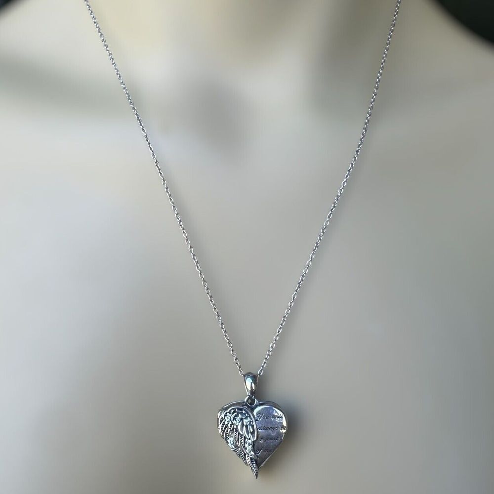 Heart Photo Locket Pendant Necklace 18 Inch CZ Angel Wings 925 Sterling 7.0g - Picture 2 of 9